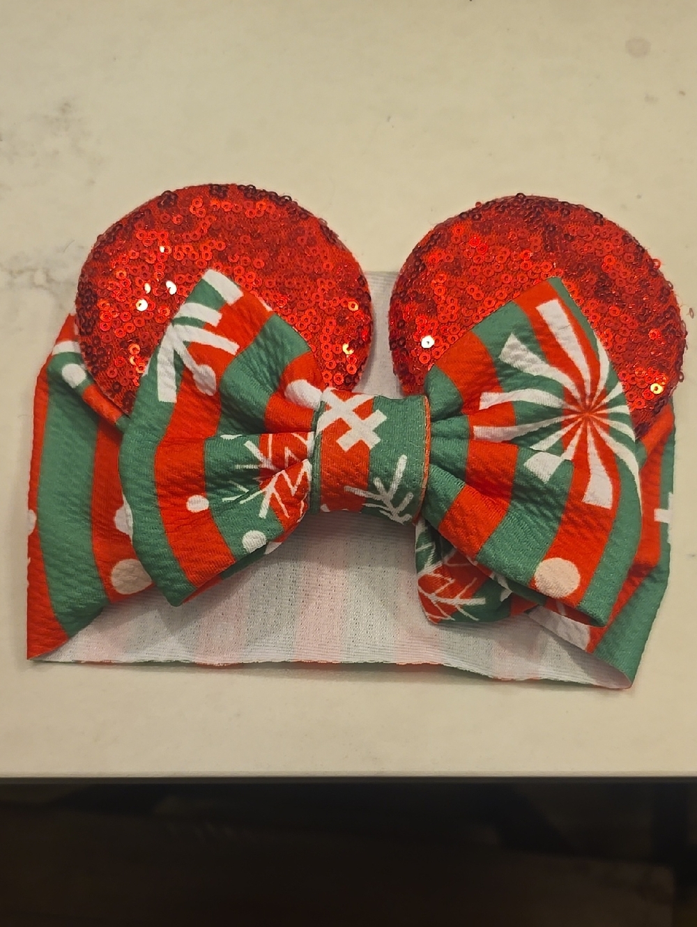 Kids Holiday Sequin Ear Headband with Green & Red Bow